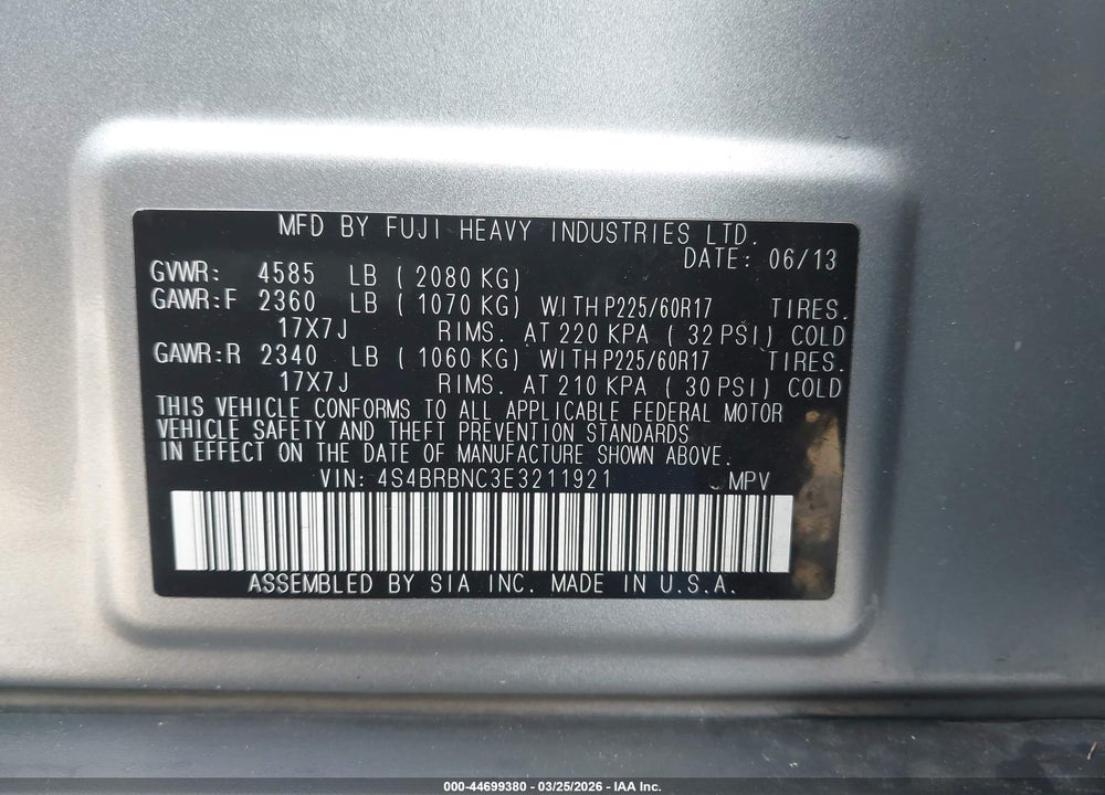 2014 SUBARU OUTBACK 2.5I LIMITED VIN: 4S4BRBNC3E3211921