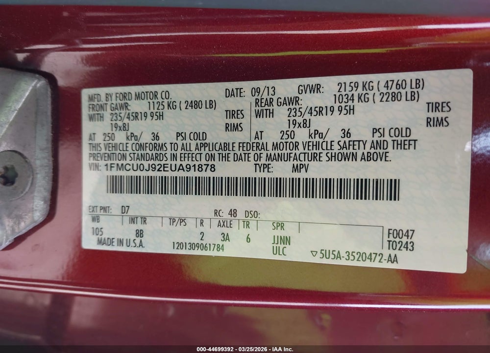 2014 FORD ESCAPE TITANIUM VIN: 1FMCU0J92EUA91878