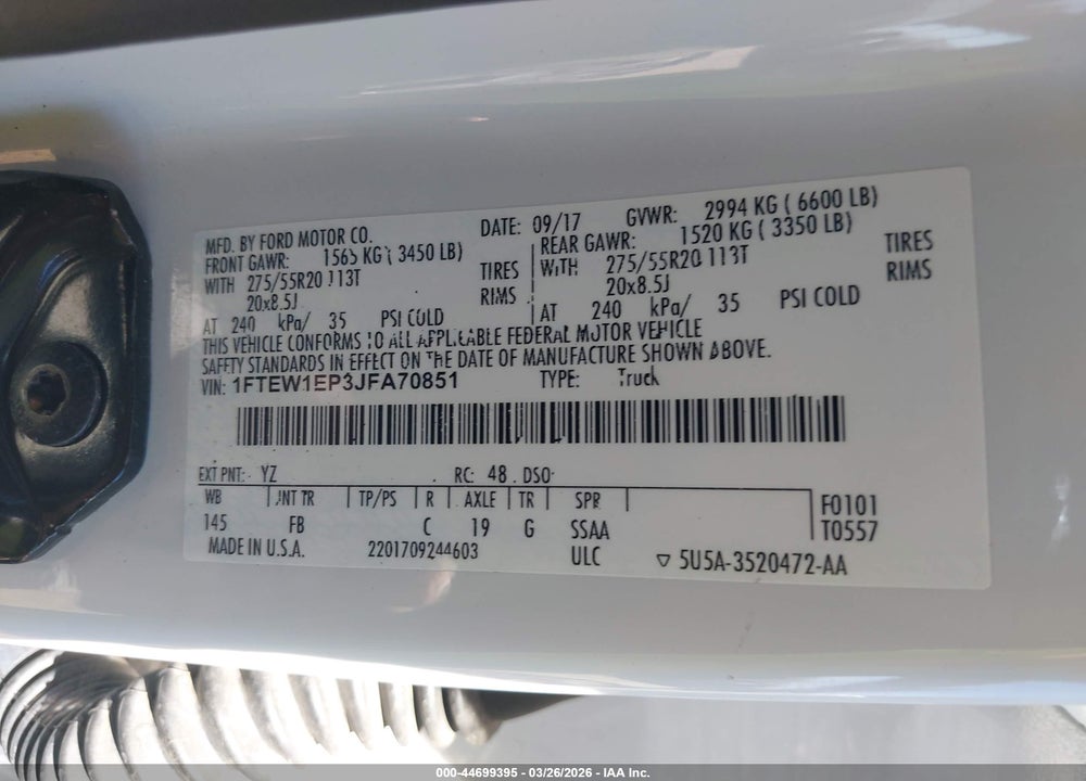 2018 FORD F-150 XLT VIN: 1FTEW1EP3JFA70851