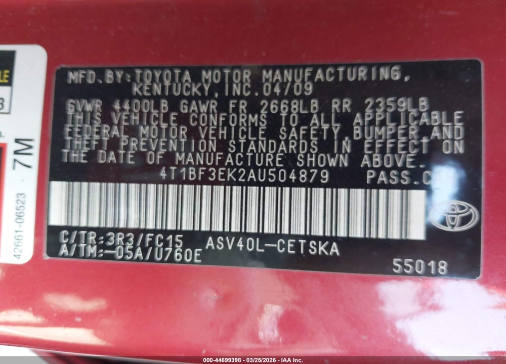 2010 TOYOTA CAMRY SE VIN: 4T1BF3EK2AU504879