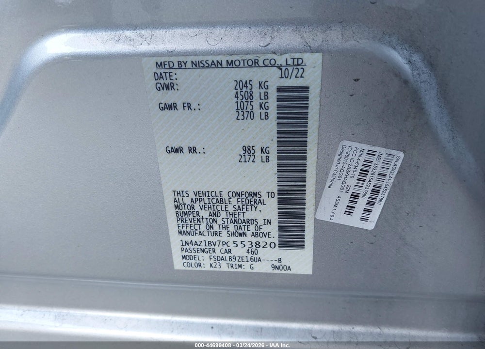2023 NISSAN LEAF S 40 KWH VIN: 1N4AZ1BV7PC553820