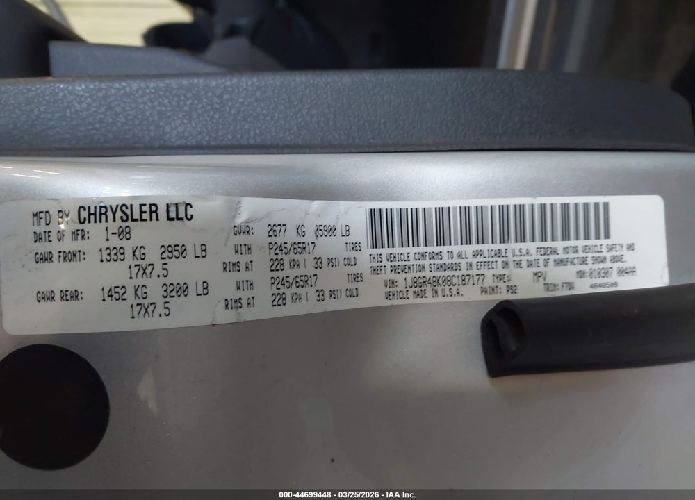 2008 JEEP GRAND CHEROKEE LAREDO VIN: 1J8GR48K08C187177