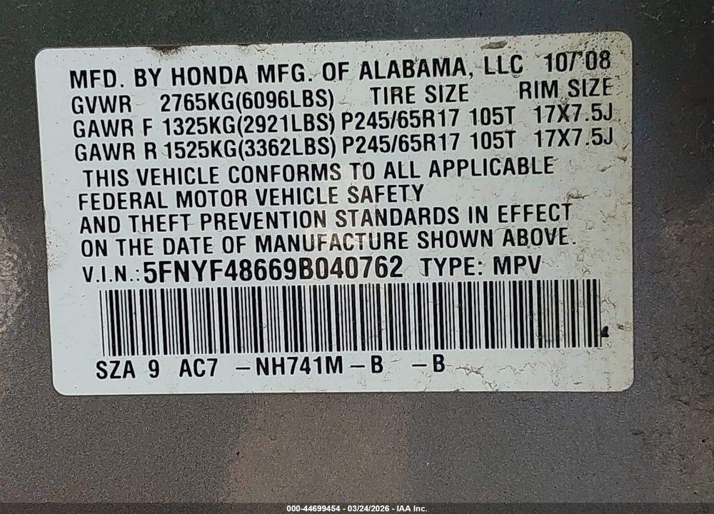 2009 HONDA PILOT EX-L VIN: 5FNYF48669B040762