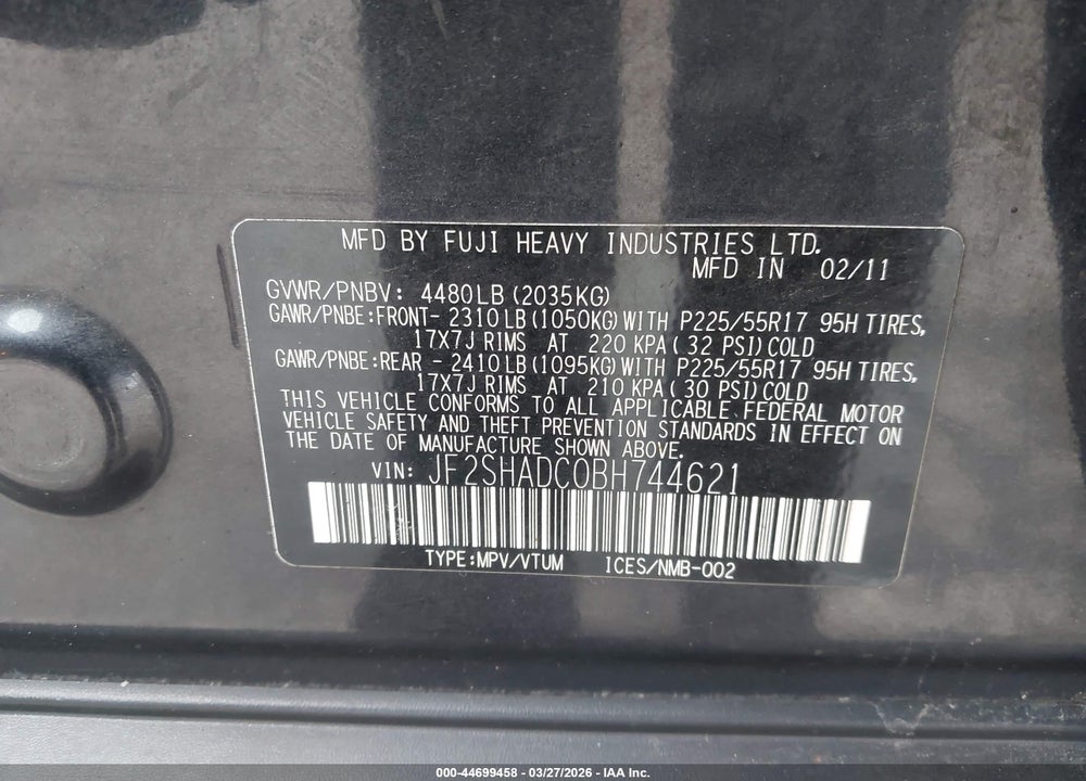 2011 SUBARU FORESTER 2.5X PREMIUM VIN: JF2SHADC0BH744621