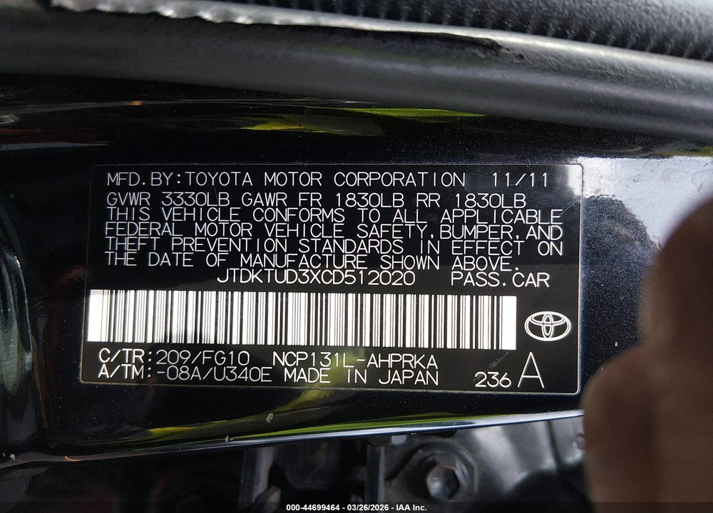 2012 TOYOTA YARIS L VIN: JTDKTUD3XCD512020