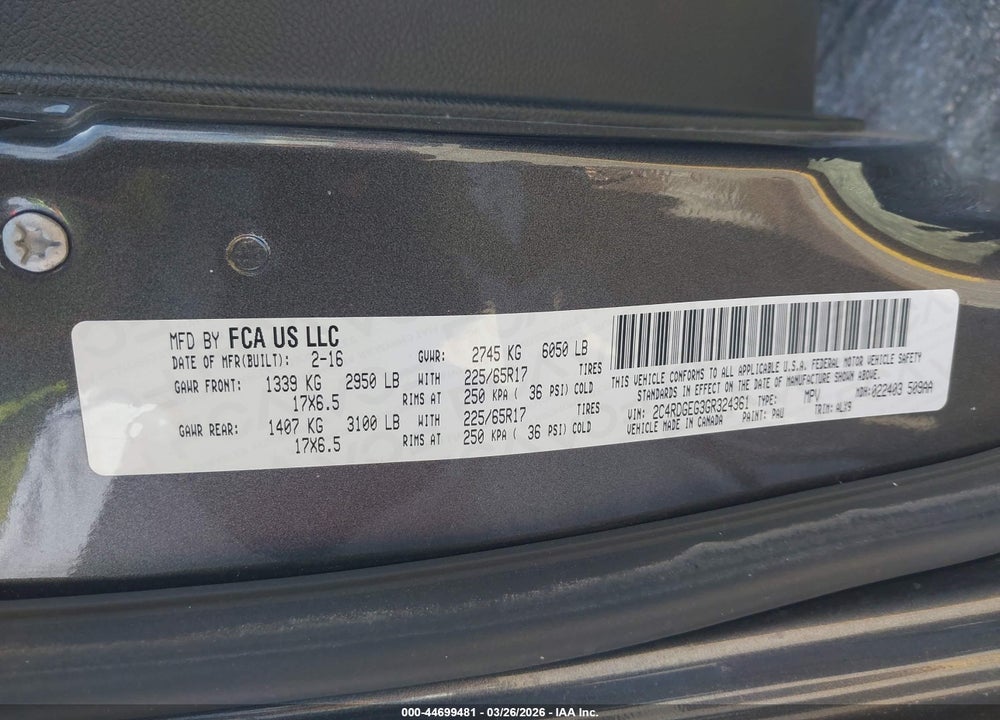 2016 DODGE GRAND CARAVAN R/T VIN: 2C4RDGEG3GR324361