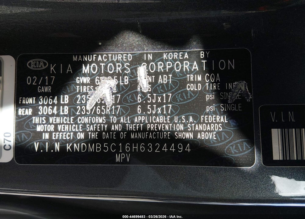 2017 KIA SEDONA LX VIN: KNDMB5C16H6324494