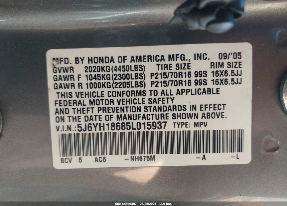 2005 HONDA ELEMENT EX VIN: 5J6YH18685L015937