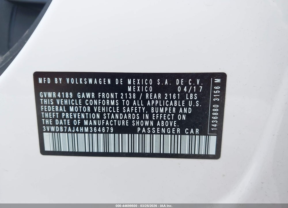 2017 VOLKSWAGEN JETTA 1.4T SE VIN: 3VWDB7AJ4HM364679