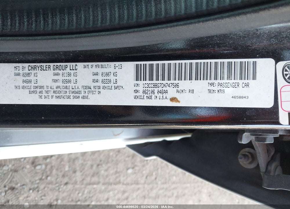 2013 CHRYSLER 200 TOURING VIN: 1C3CCBBG7DN747506