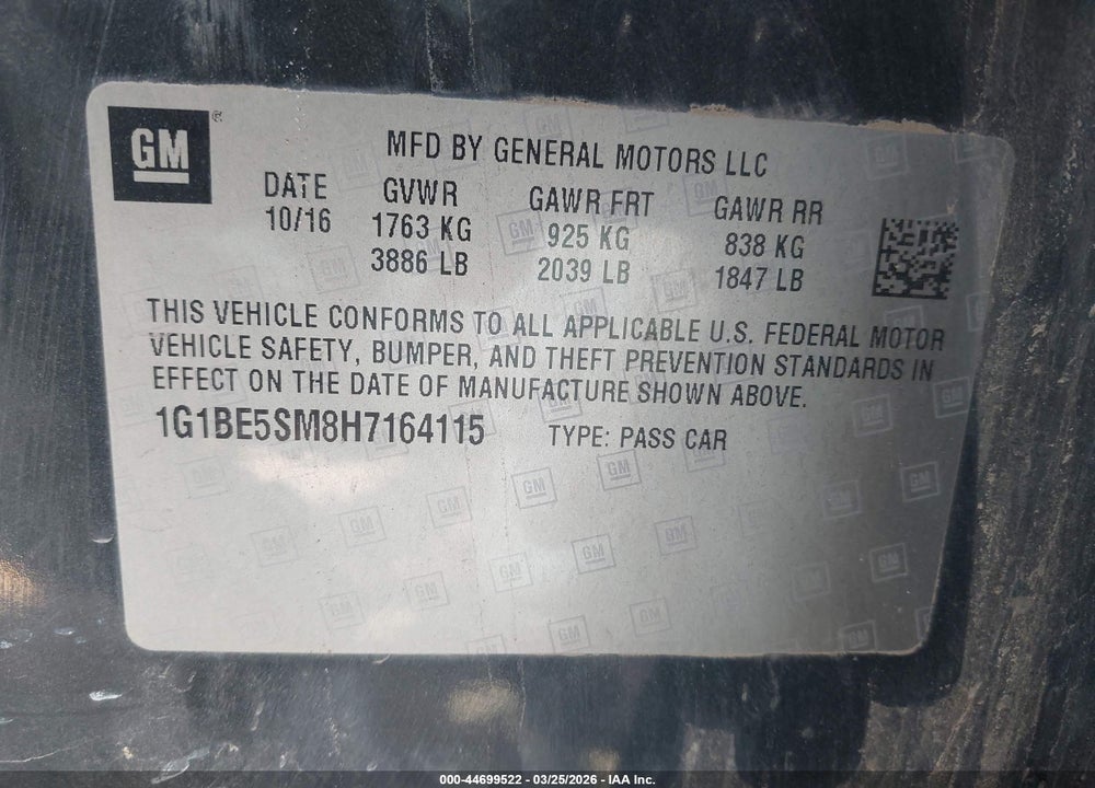 2017 CHEVROLET CRUZE LT AUTO VIN: 1G1BE5SM8H7164115