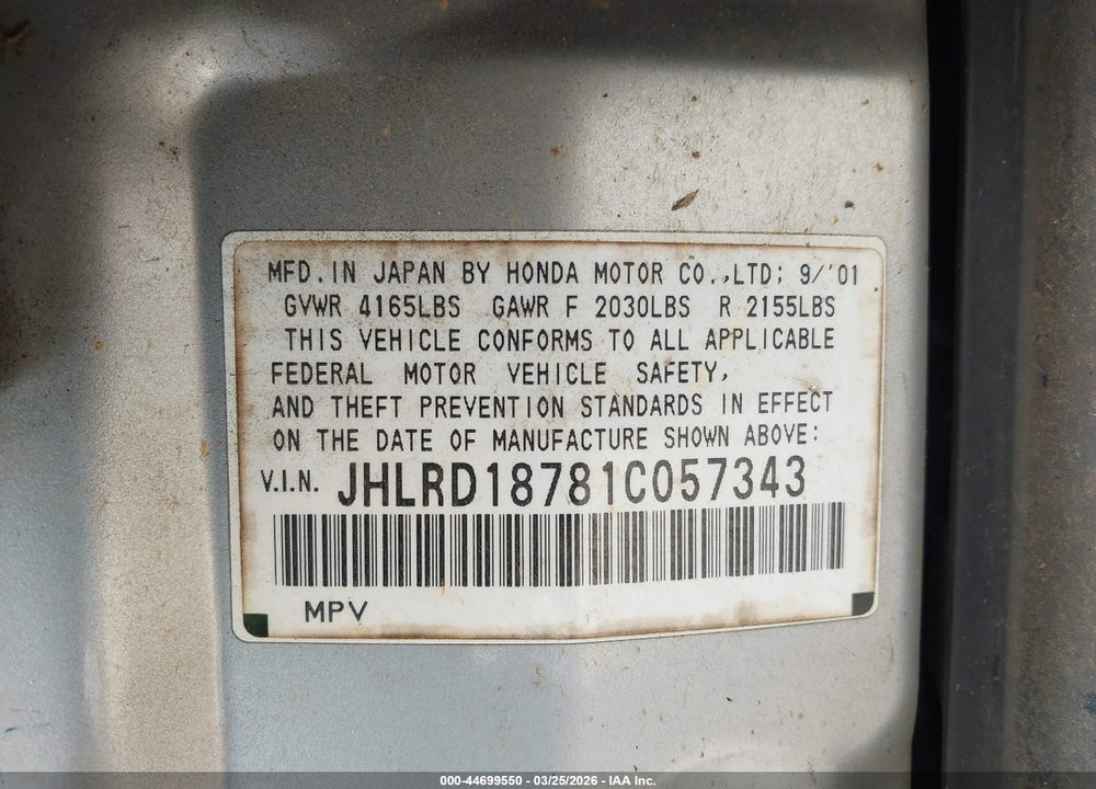 2001 HONDA CR-V SPECIAL EDITION VIN: JHLRD18781C057343