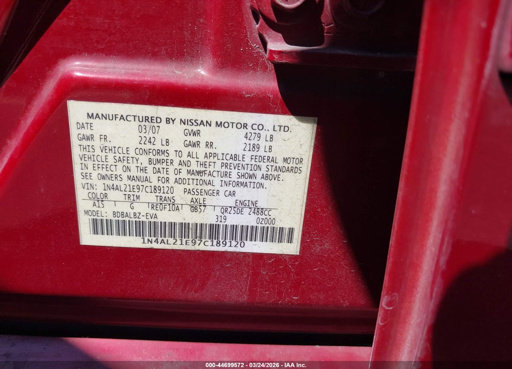 2007 NISSAN ALTIMA 2.5 S VIN: 1N4AL21E97C189120