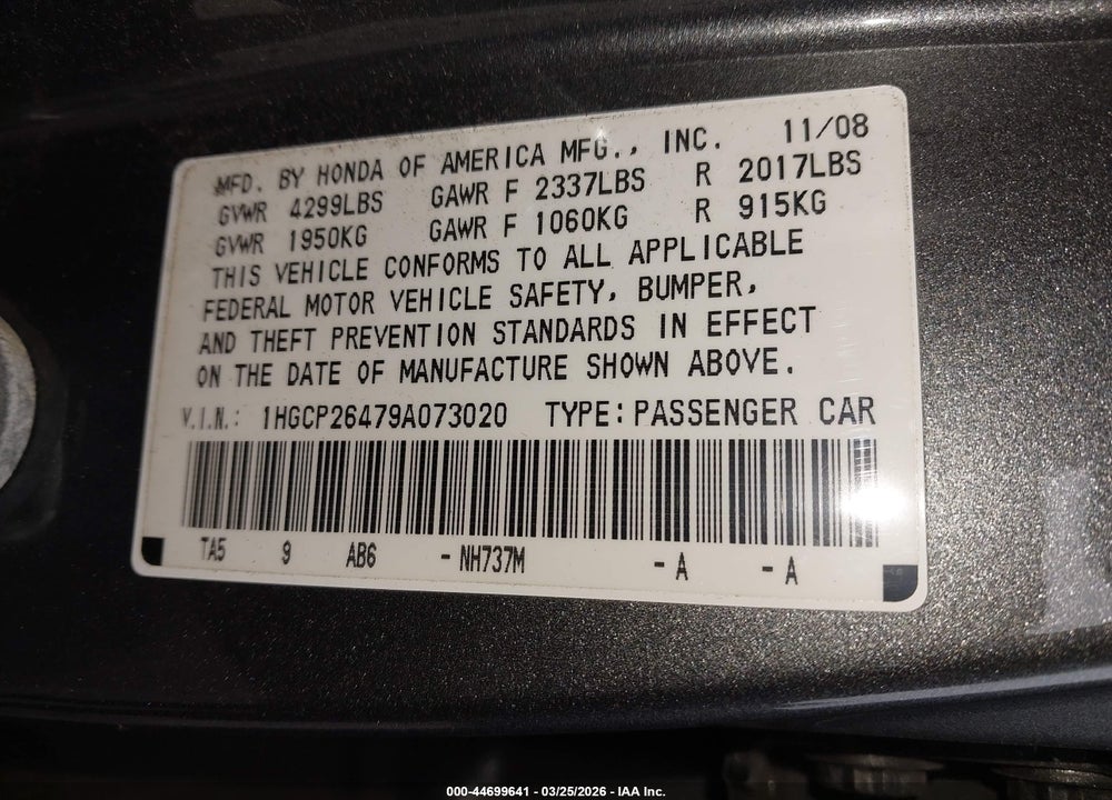 2009 HONDA ACCORD 2.4 LX-P VIN: 1HGCP26479A073020