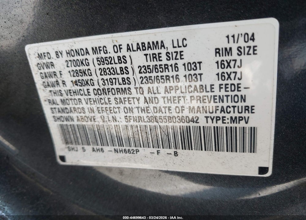 2005 HONDA ODYSSEY EX-L VIN: 5FNRL38655B036042