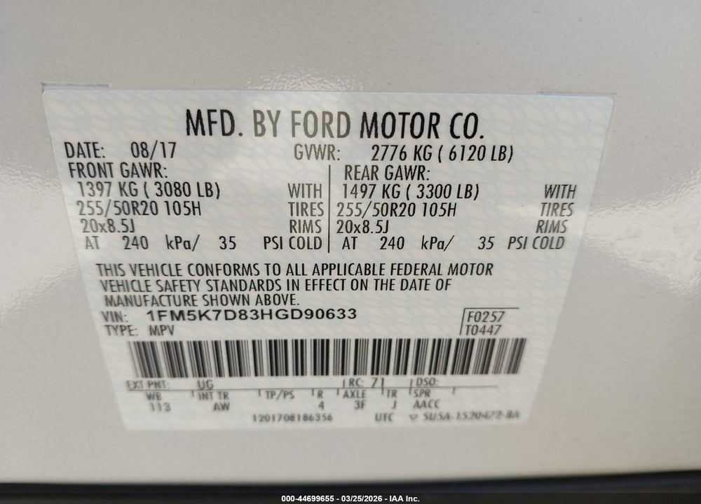 2017 FORD EXPLORER XLT VIN: 1FM5K7D83HGD90633