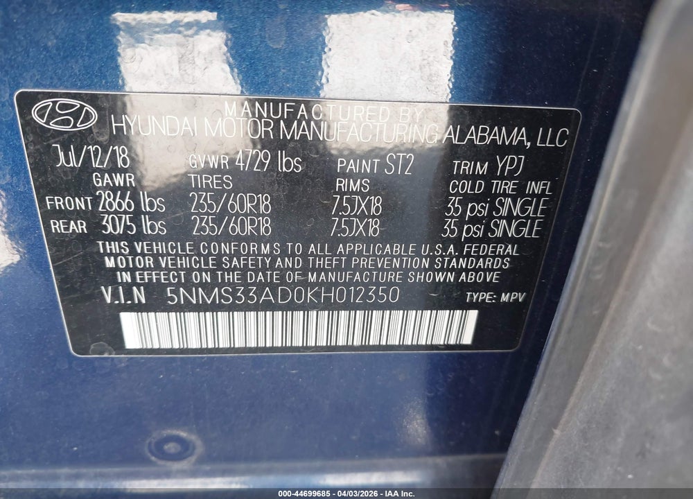 2019 HYUNDAI SANTA FE SEL PLUS VIN: 5NMS33AD0KH012350