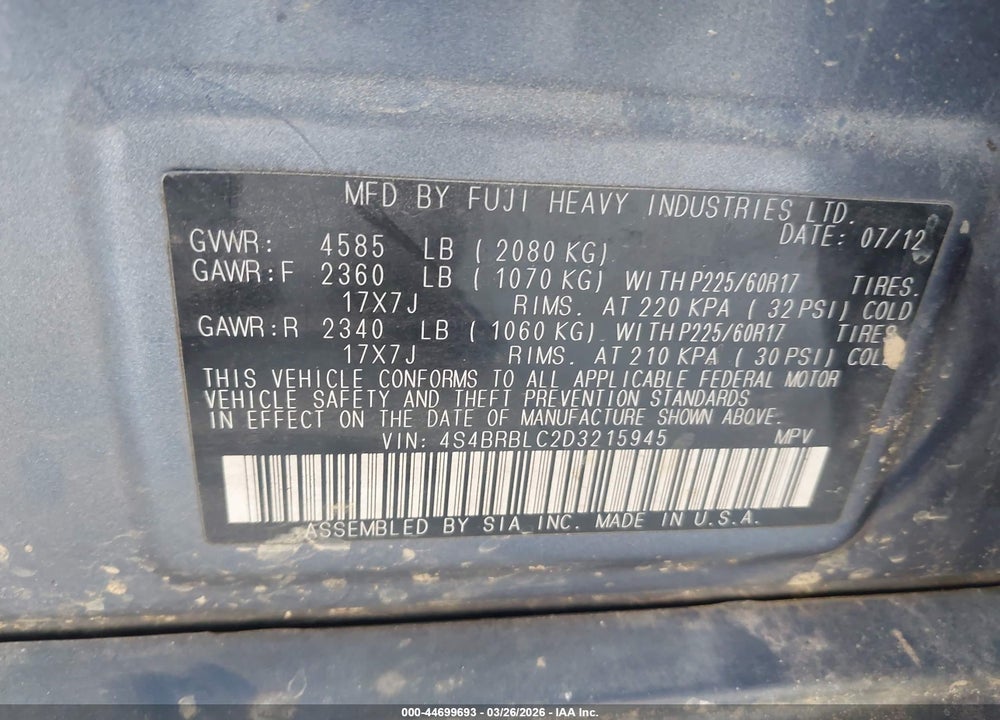 2013 SUBARU OUTBACK 2.5I LIMITED VIN: 4S4BRBLC2D3215945