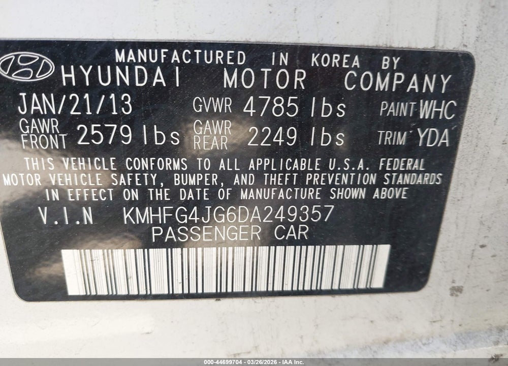 2013 HYUNDAI AZERA VIN: KMHFG4JG6DA249357