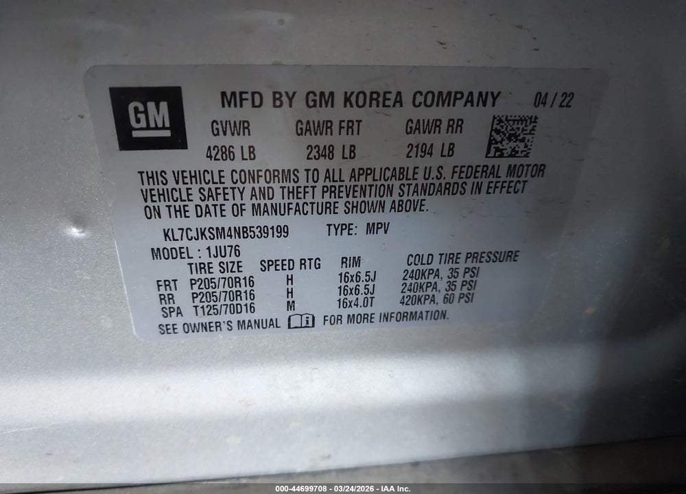 2022 CHEVROLET TRAX FWD LS VIN: KL7CJKSM4NB539199