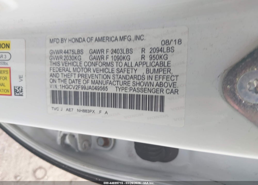 2018 HONDA ACCORD TOURING 2.0T VIN: 1HGCV2F99JA049565