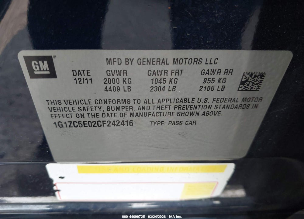 2012 CHEVROLET MALIBU 1LT VIN: 1G1ZC5E02CF242416