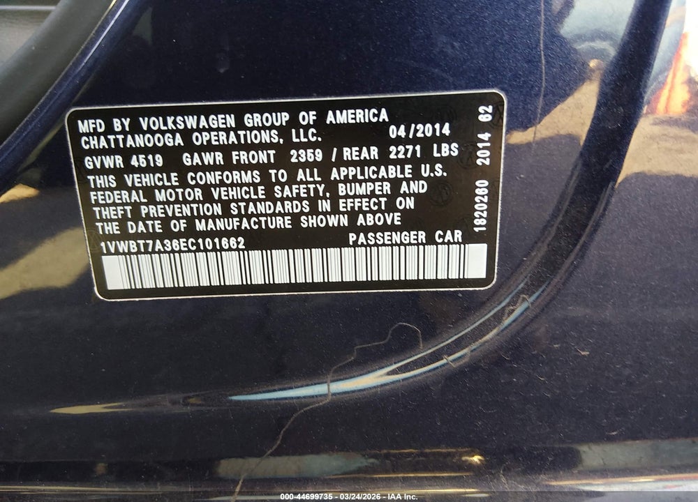 2014 VOLKSWAGEN PASSAT 1.8T SE VIN: 1VWBT7A36EC101662