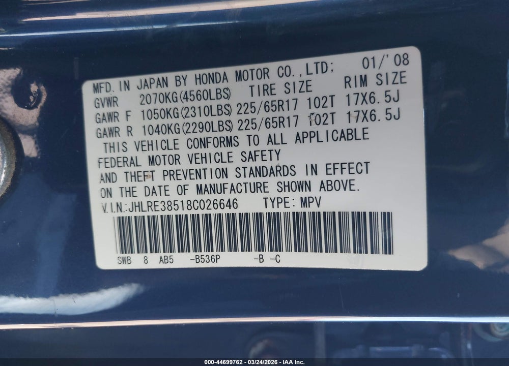 2008 HONDA CR-V EX VIN: JHLRE38518C026646