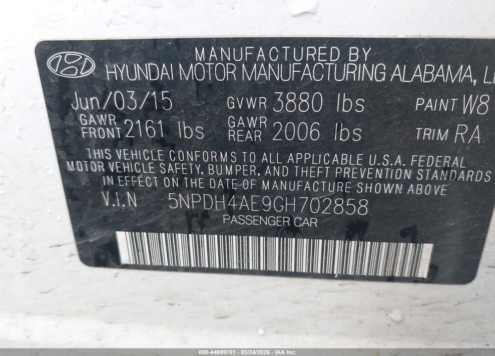 2016 HYUNDAI ELANTRA SE VIN: 5NPDH4AE9GH702858