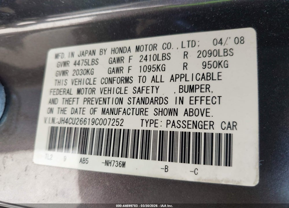 2009 ACURA TSX VIN: JH4CU26619C007252