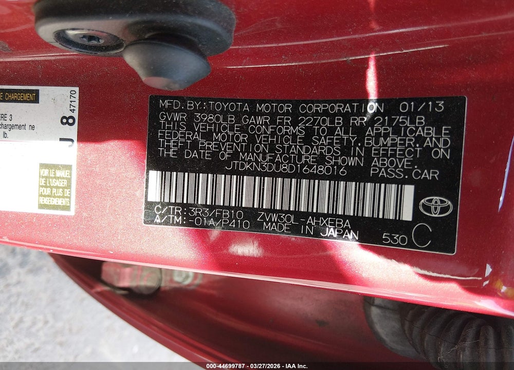 2013 TOYOTA PRIUS TWO VIN: JTDKN3DU8D1648016