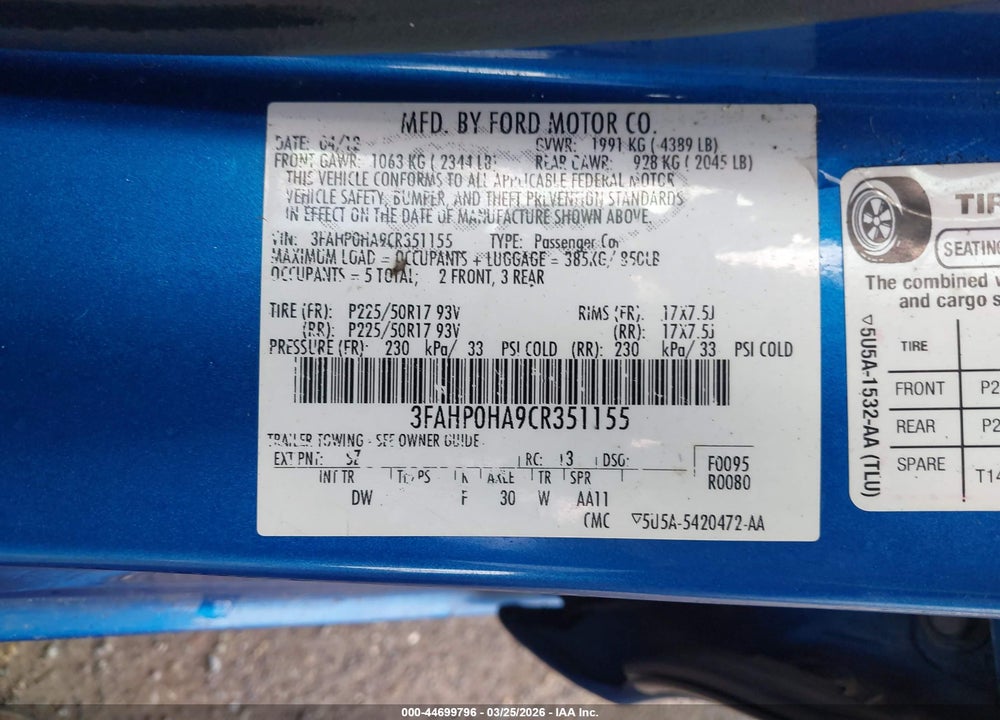 2012 FORD FUSION SE VIN: 3FAHP0HA9CR351155