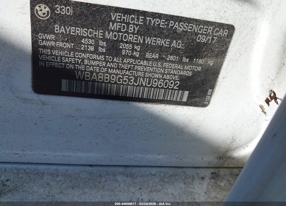 2018 BMW 330I VIN: WBA8B9G53JNU96092