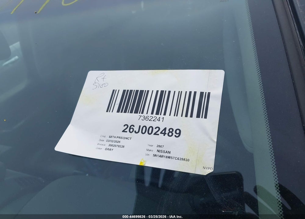 2007 NISSAN PATHFINDER LE VIN: 5N1AR18W57C639830