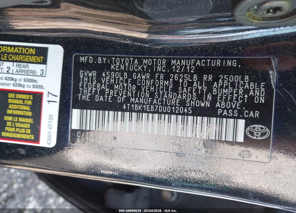 2013 TOYOTA AVALON XLE VIN: 4T1BK1EB7DU012045