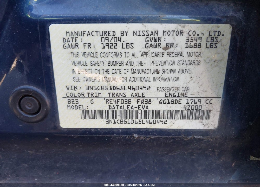 2005 NISSAN SENTRA 1.8S VIN: 3N1CB51D65L460492