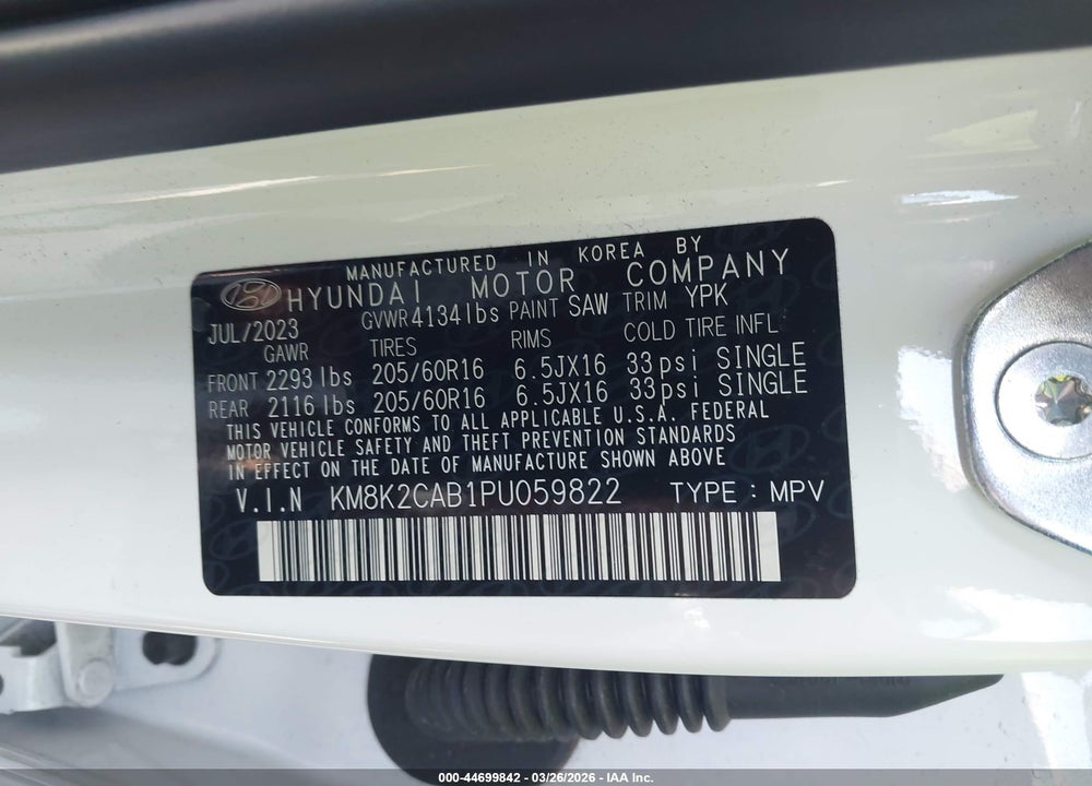 2023 HYUNDAI KONA SE VIN: KM8K2CAB1PU059822