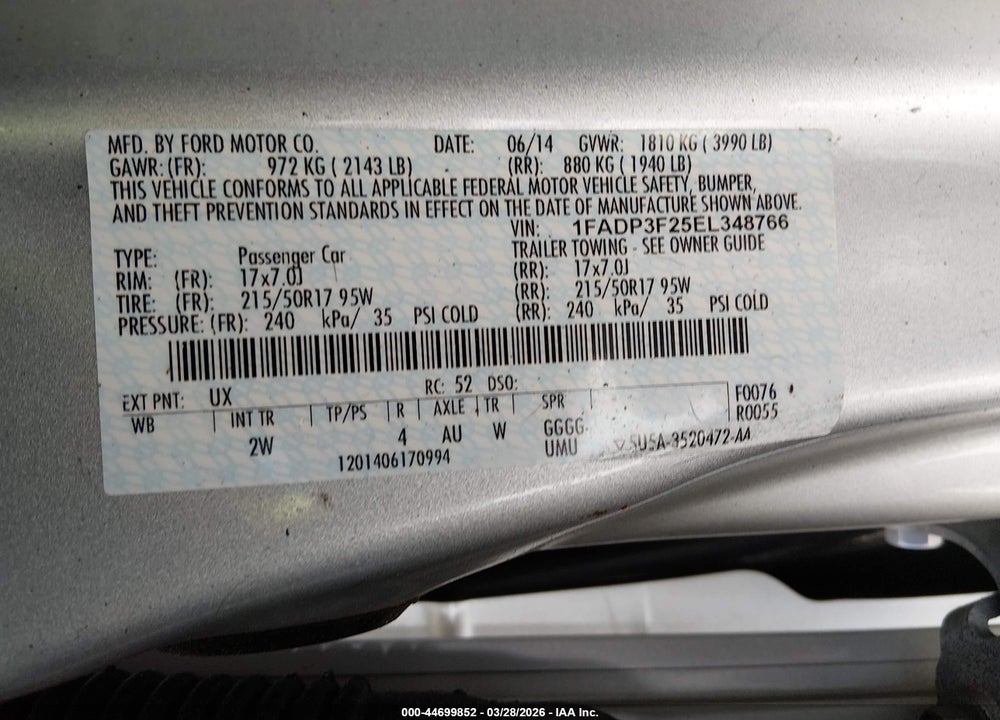 2014 FORD FOCUS SE VIN: 1FADP3F25EL348766