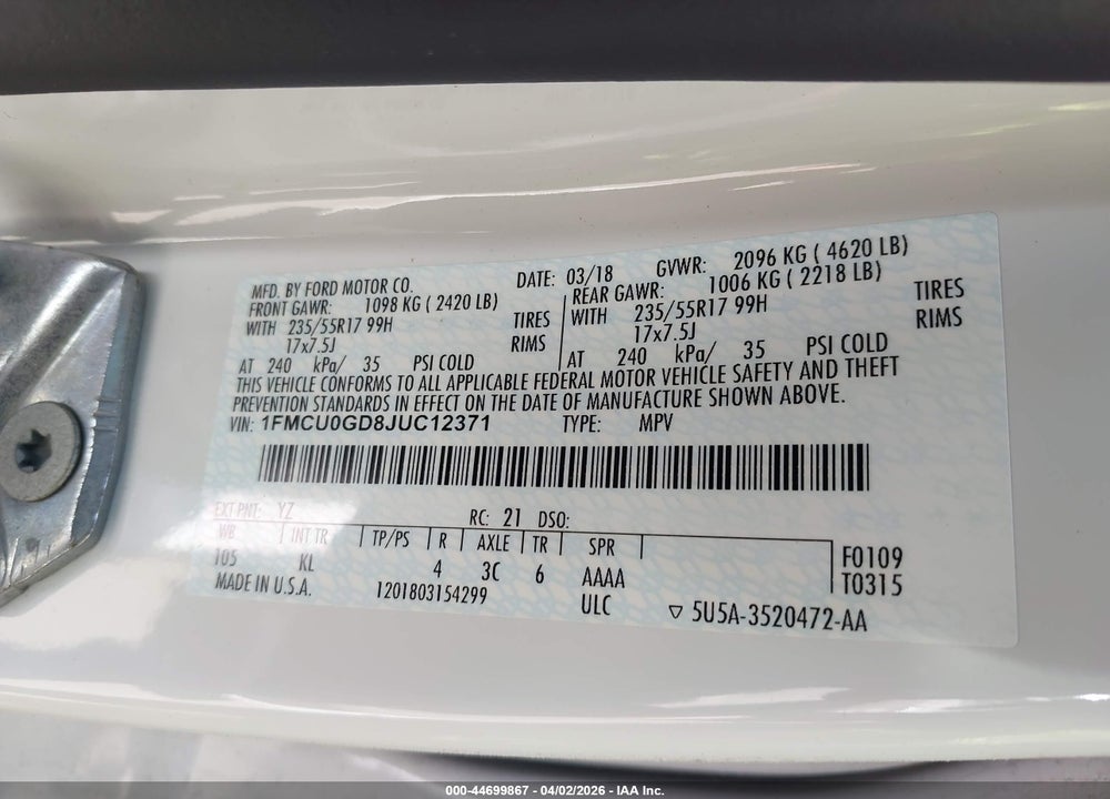 2018 FORD ESCAPE SE VIN: 1FMCU0GD8JUC12371