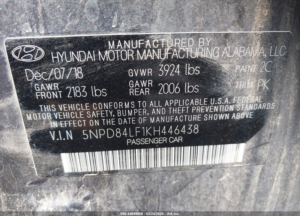 2019 HYUNDAI ELANTRA SEL VIN: 5NPD84LF1KH446438