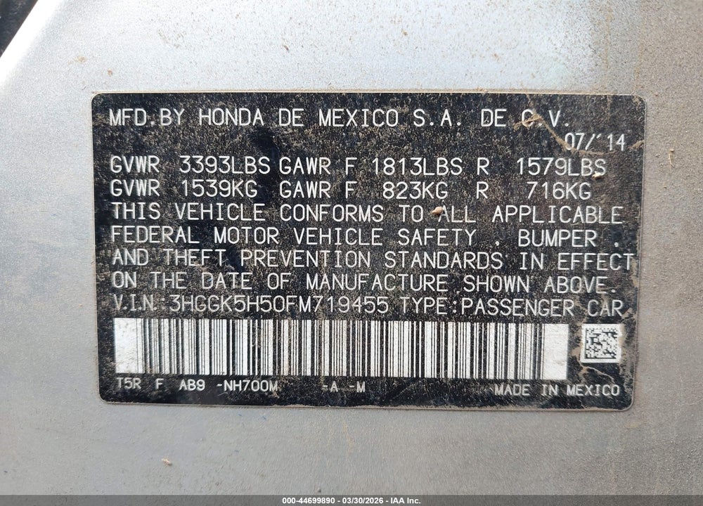 2015 HONDA FIT LX VIN: 3HGGK5H50FM719455