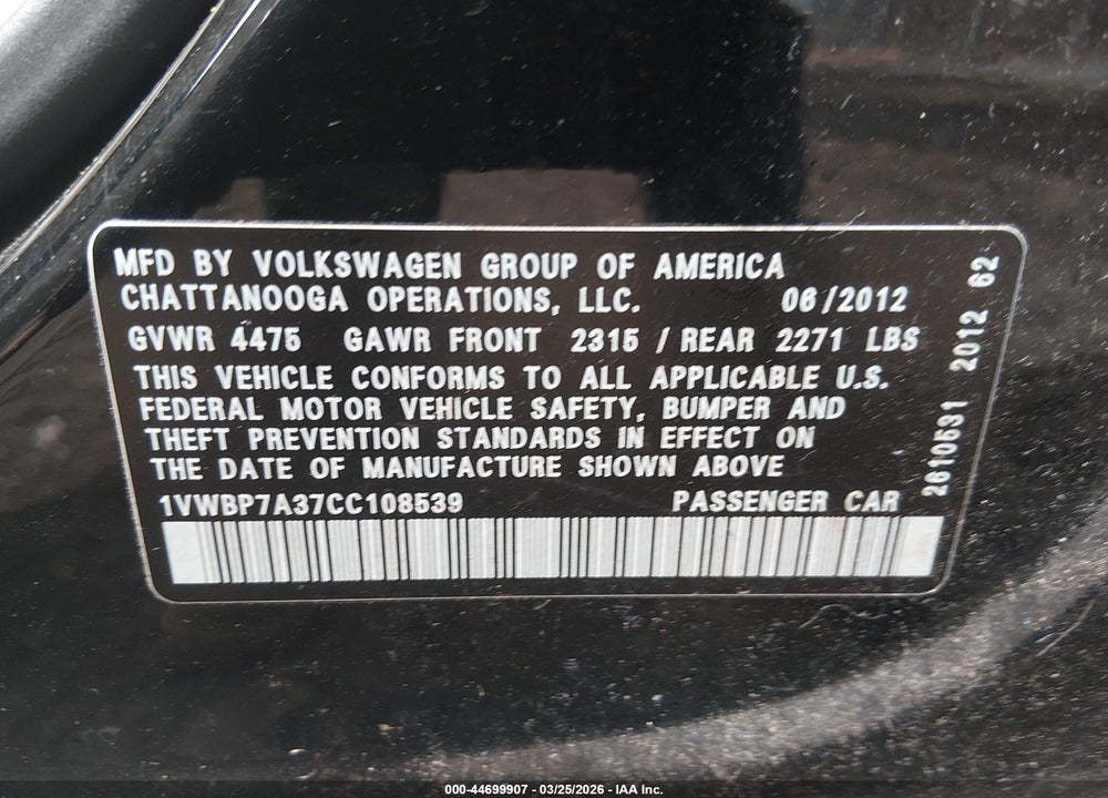 2012 VOLKSWAGEN PASSAT 2.5L SE VIN: 1VWBP7A37CC108539