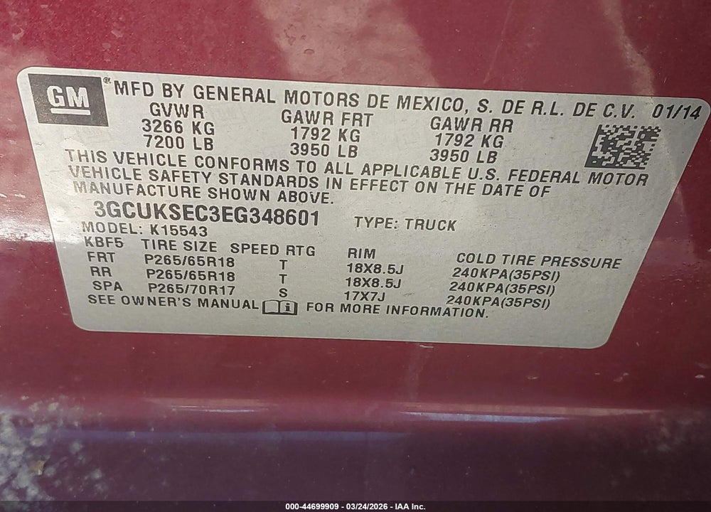 2014 CHEVROLET SILVERADO 1500 2LZ VIN: 3GCUKSEC3EG348601