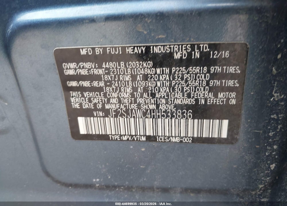 2017 SUBARU FORESTER 2.5I TOURING VIN: JF2SJAWC4HH533836