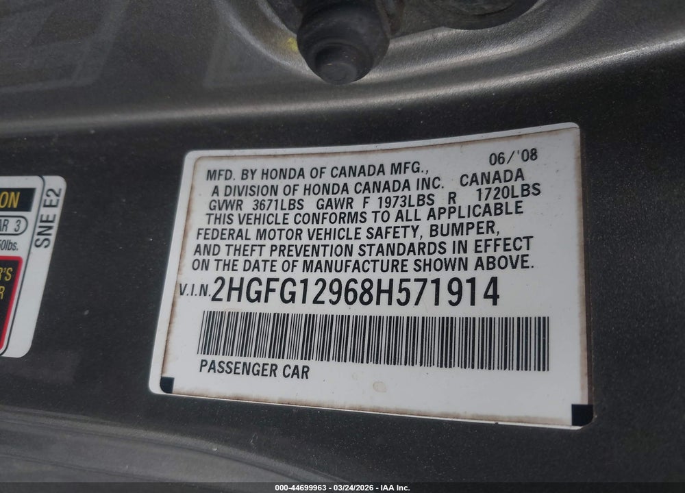 2008 HONDA CIVIC EX-L VIN: 2HGFG12968H571914