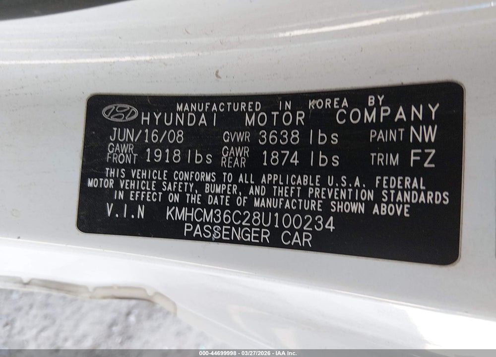2008 HYUNDAI ACCENT GS VIN: KMHCM36C28U100234