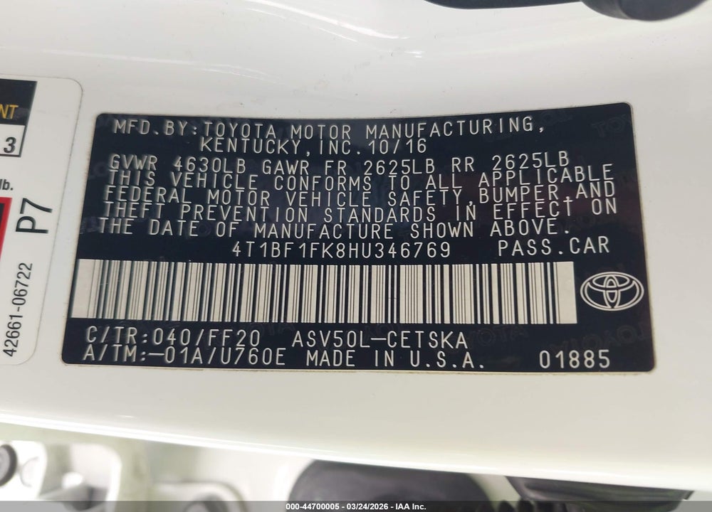 2017 TOYOTA CAMRY SE VIN: 4T1BF1FK8HU346769