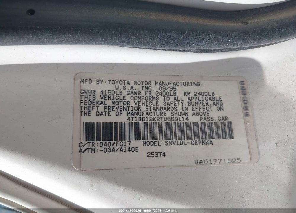 1996 TOYOTA CAMRY DX/LE/XLE VIN: 4T1BG12K2TU669114