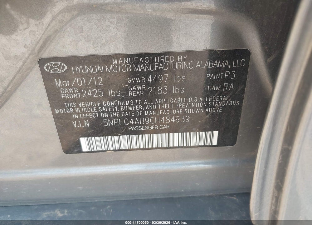 2012 HYUNDAI SONATA LIMITED 2.0T VIN: 5NPEC4AB9CH484939