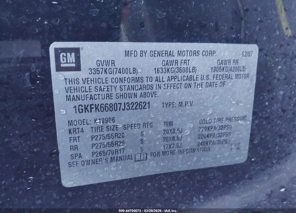 2007 GMC YUKON XL 1500 DENALI VIN: 1GKFK66807J322621